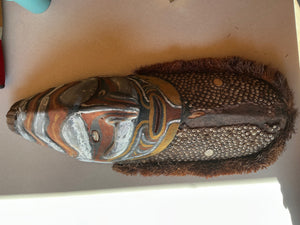 Papua New Guinea Sepik River Mei (Mwai) Spirit Mask with Carved Wood, Pigment Paint & Cowrie Shell Inlays 26 in tall.  6 in deep x 10 in wide