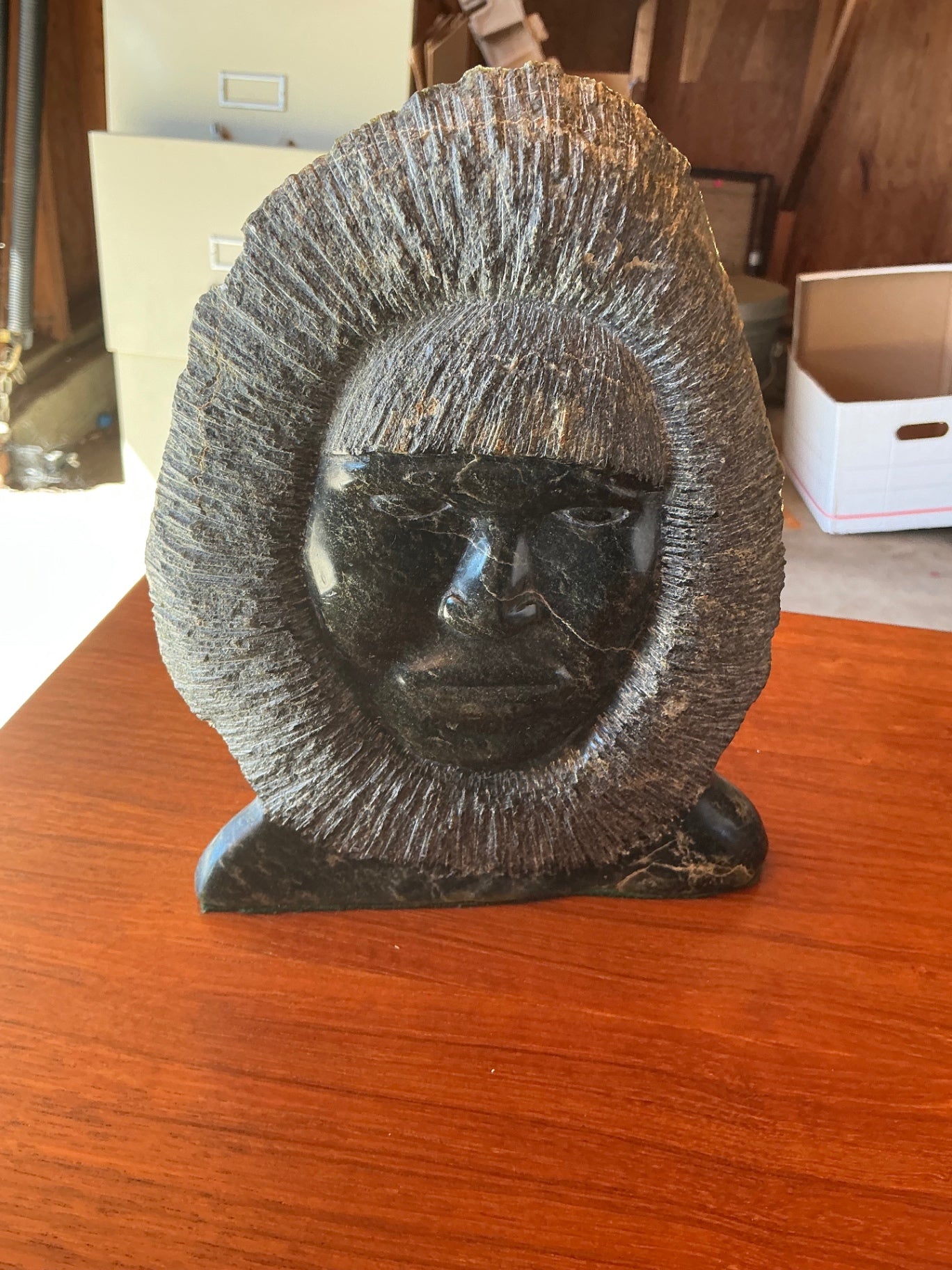 Signed Pishuktie Hand-Carved Inuit-Style Soapstone Portrait Bust Sculpture with Circular Parka Hood