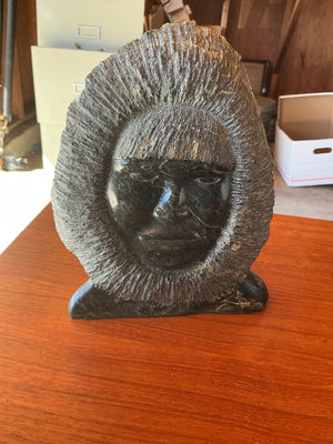 Signed Pishuktie Hand-Carved Inuit-Style Soapstone Portrait Bust Sculpture with Circular Parka Hood