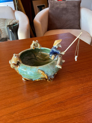Decorative Glazed Ceramic Fisherman Frog Bowl