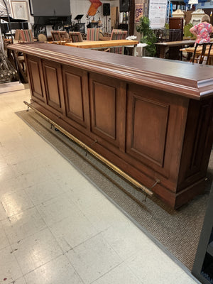Traditional Wood Raised-Panel 12' Cocktail Bar with Brass Foot Rail, 148" × 25" × 46"H