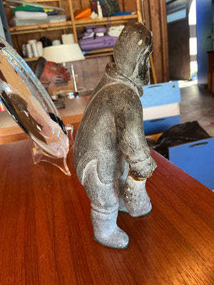 Vintage Inuit Soapstone Carving of Hooded Fisherman / Arctic Hunter Figure 9 in tall 4 in wide and 3.5 deep