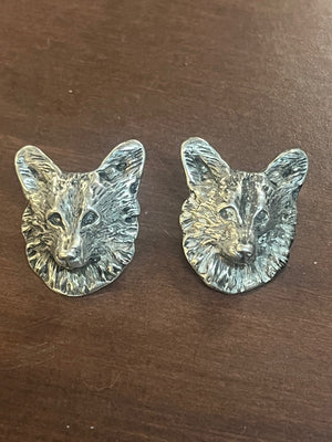 Vintage Silver Plate Pembroke Welsh Corgi Dog Head Pierced Post Earrings 1 1/4"