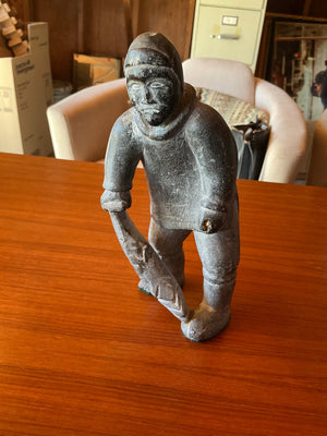 Vintage Inuit Soapstone Carving of Hooded Fisherman / Arctic Hunter Figure 9 in tall 4 in wide and 3.5 deep