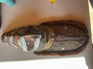 Papua New Guinea Sepik River Mei (Mwai) Spirit Mask with Carved Wood, Pigment Paint & Cowrie Shell Inlays 26 in tall.  6 in deep x 10 in wide