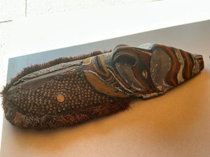 Papua New Guinea Sepik River Mei (Mwai) Spirit Mask with Carved Wood, Pigment Paint & Cowrie Shell Inlays 26 in tall.  6 in deep x 10 in wide
