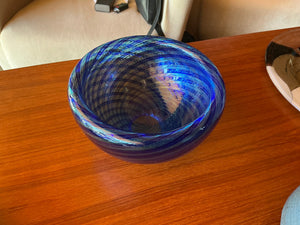 Venini “A Canne” Murano Art Glass Bowl, Blue Cobalt & Green Swirling Filigrana 6x4x2