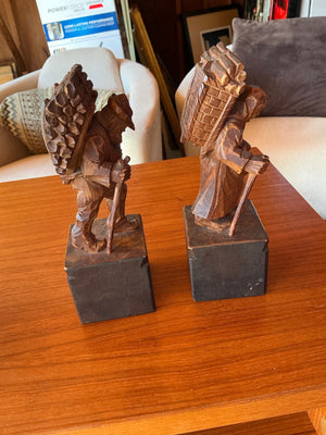 Vintage Hand-Carved Wooden Folk Art Bookends Pair Alpine Woodcutter & Traveler Figures Dark-Stained on Rectangular Bases