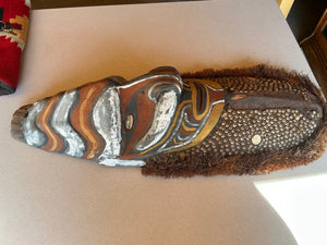 Papua New Guinea Sepik River Mei (Mwai) Spirit Mask with Carved Wood, Pigment Paint & Cowrie Shell Inlays 26 in tall.  6 in deep x 10 in wide