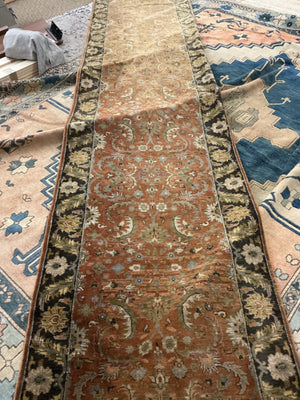 Hand-Knotted Wool Oushak-Style Runner Rug, 15' × 3'