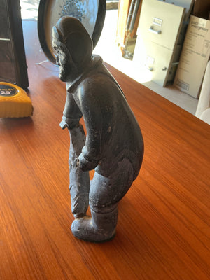 Vintage Inuit Soapstone Carving of Hooded Fisherman / Arctic Hunter Figure 9 in tall 4 in wide and 3.5 deep