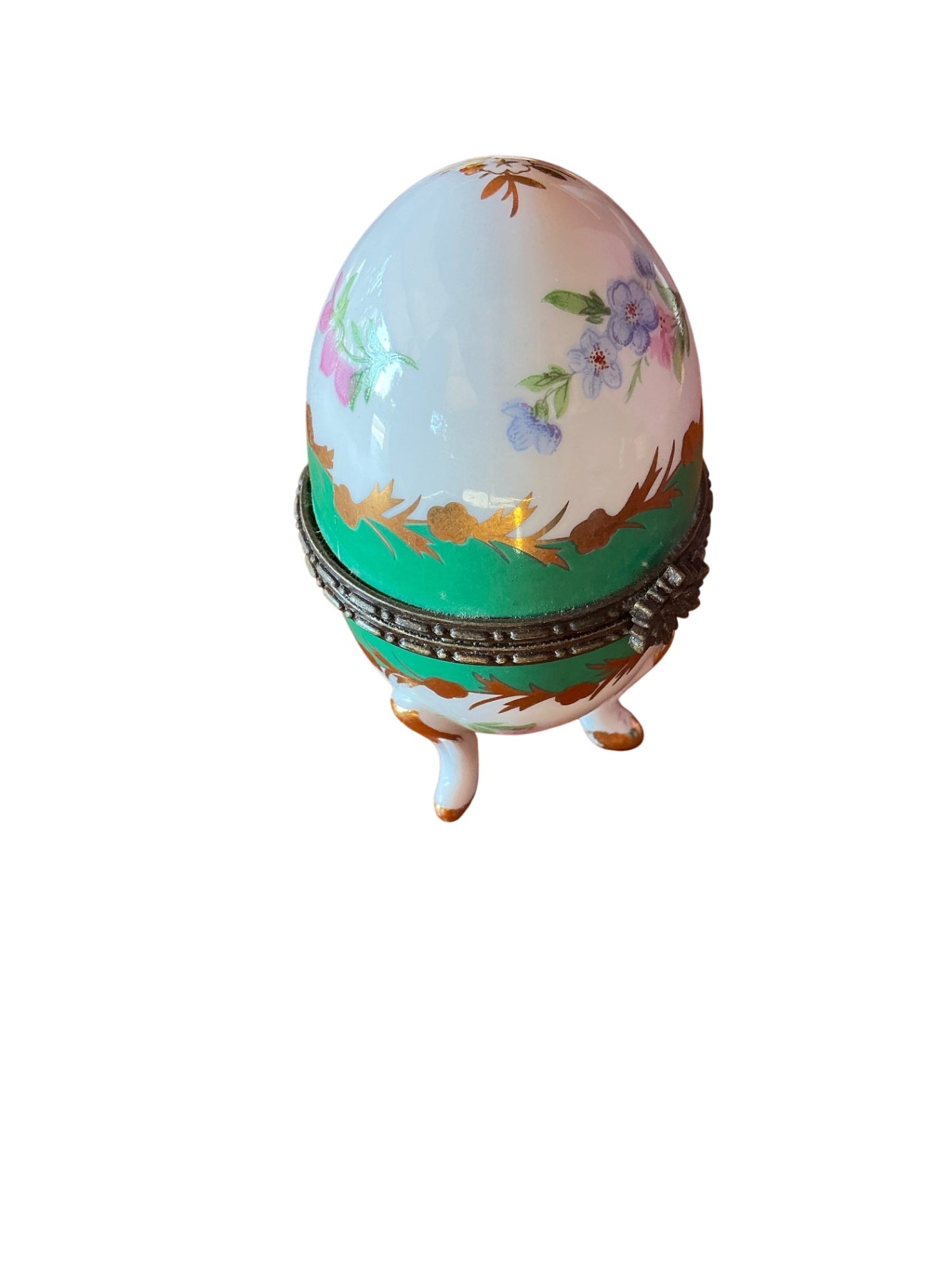 Decorative Egg-Shaped Trinket Box with Hinged Metal Band, Floral Decoration, Green & White Panels, Gilt Accents
