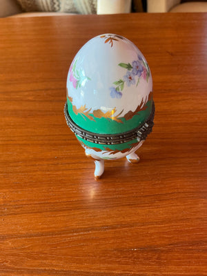 Decorative Egg-Shaped Trinket Box with Hinged Metal Band, Floral Decoration, Green & White Panels, Gilt Accents