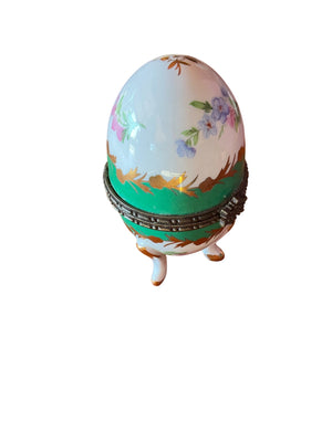 Decorative Egg-Shaped Trinket Box with Hinged Metal Band, Floral Decoration, Green & White Panels, Gilt Accents