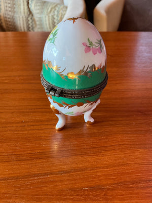 Decorative Egg-Shaped Trinket Box with Hinged Metal Band, Floral Decoration, Green & White Panels, Gilt Accents