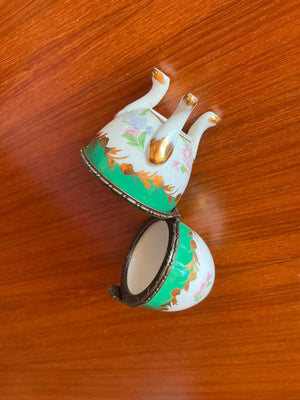 Decorative Egg-Shaped Trinket Box with Hinged Metal Band, Floral Decoration, Green & White Panels, Gilt Accents