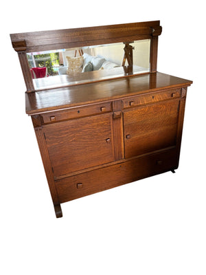 Antique Arts & Crafts Quarter-Sawn Tiger Oak Mirrored Sideboard / Buffet38x18x50