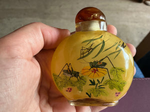 Painted Snuff Bottle with Praying Mantis and Grasshoppers