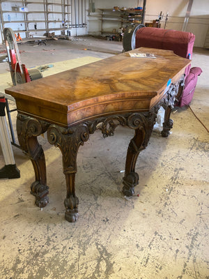 Large Rococo Revival Carved Wood & Burl Console Table 91” x 30” x 37.5”