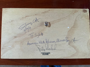 Signed “American White Pelicans” Photograph on Wood Panel, 10” x 13”