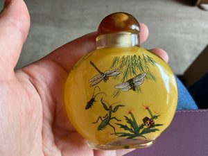 Painted Snuff Bottle with Praying Mantis and Grasshoppers
