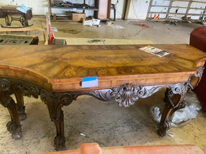 Large Rococo Revival Carved Wood & Burl Console Table 91” x 30” x 37.5”