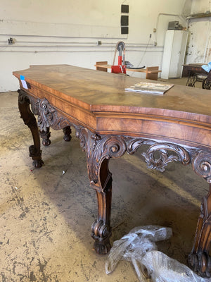 Large Rococo Revival Carved Wood & Burl Console Table 91” x 30” x 37.5”