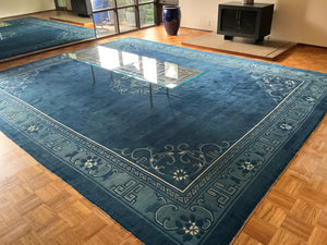 Chinese Art Deco Style Blue Wool Area Rug 11'9" x 14'8"