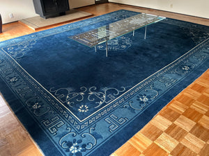Chinese Art Deco Style Blue Wool Area Rug 11'9" x 14'8"