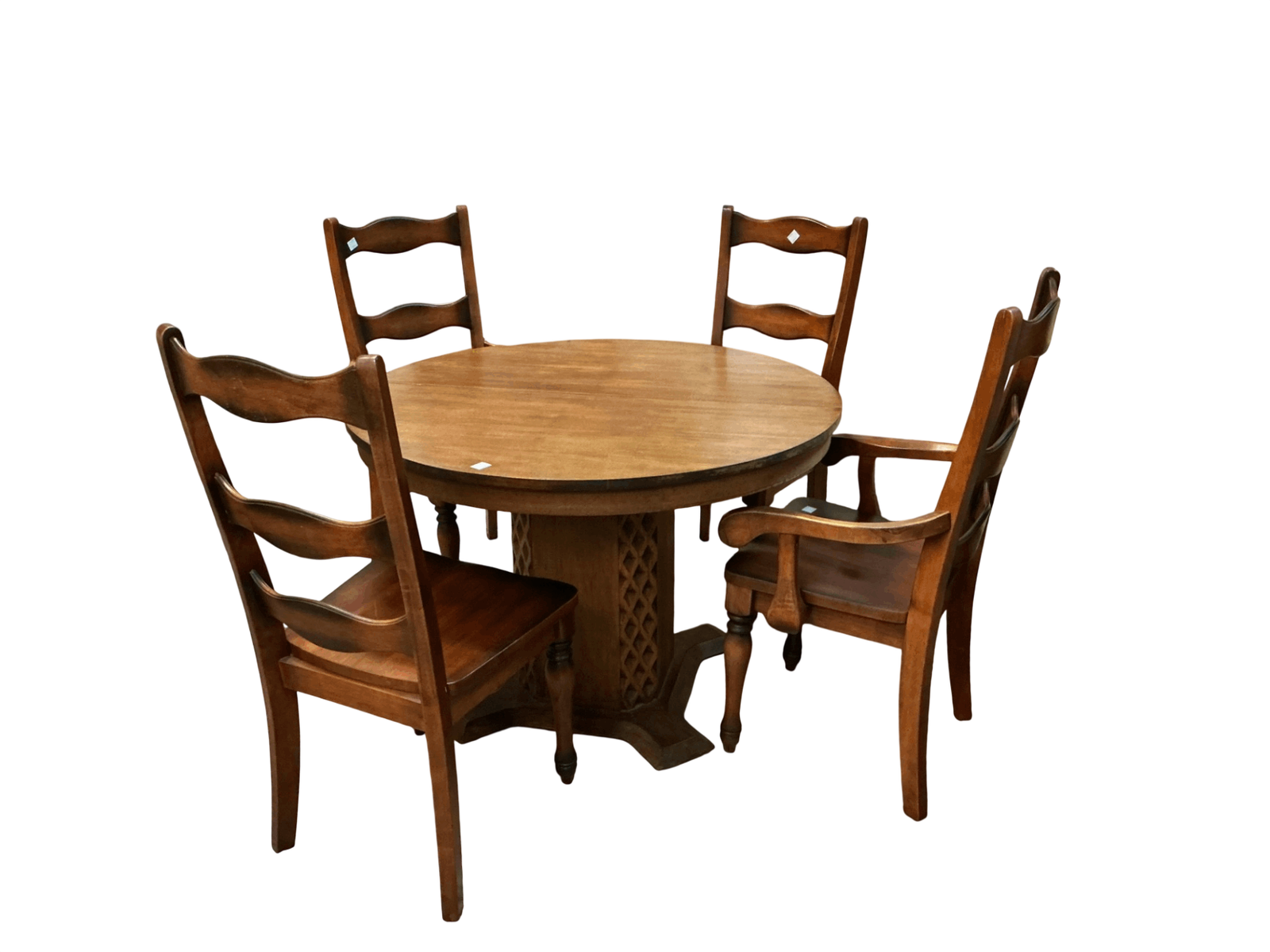 44" Round Oak Pedestal Dining Table Plus 4 Chairs & 2 Leaves 18"
