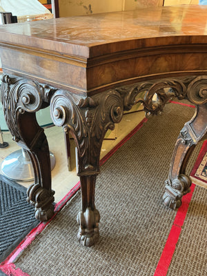 Large Rococo Revival Carved Wood & Burl Console Table 91” x 30” x 37.5”