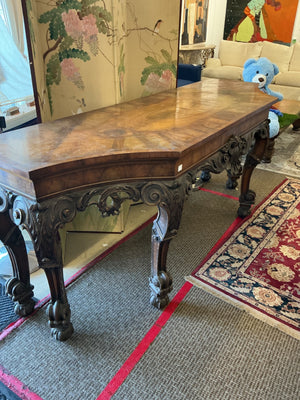 Large Rococo Revival Carved Wood & Burl Console Table 91” x 30” x 37.5”