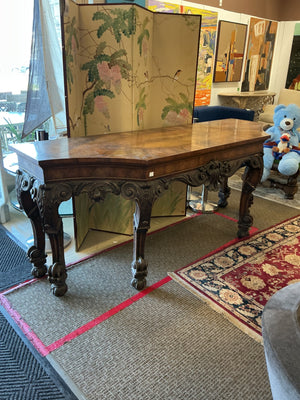 Large Rococo Revival Carved Wood & Burl Console Table 91” x 30” x 37.5”