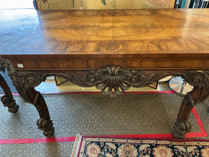 Large Rococo Revival Carved Wood & Burl Console Table 91” x 30” x 37.5”