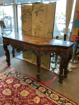 Large Rococo Revival Carved Wood & Burl Console Table 91” x 30” x 37.5”