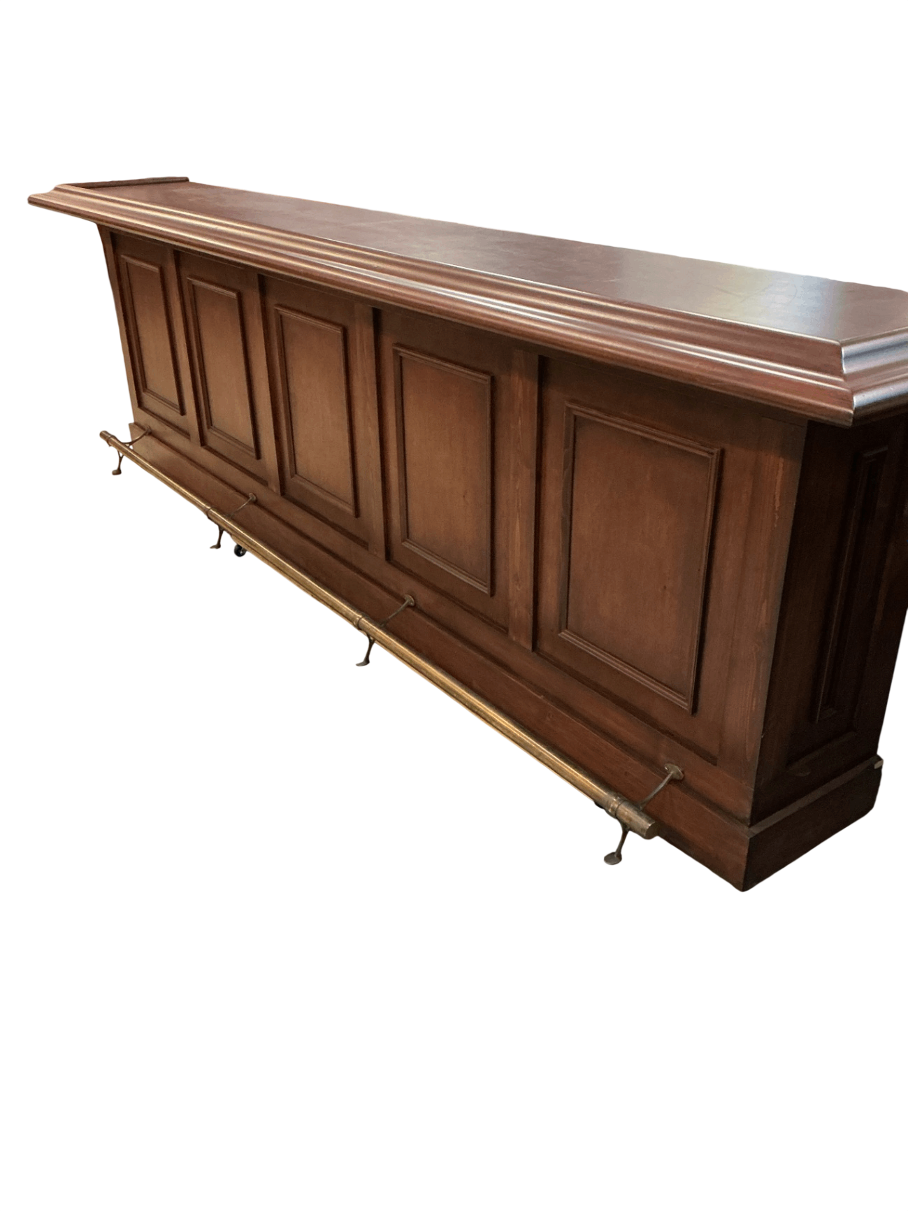 Traditional Wood Raised-Panel 12' Cocktail Bar with Brass Foot Rail, 148" × 25" × 46"H