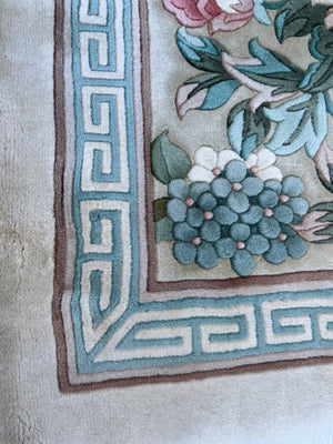 Hand-Knotted Chinese Peking Art Deco Era Wool Floral Area Rug With Greek Key Border Aqua Celadon Sage Green Dusty Rose Ivory & Brown 12' x 19' 4" Palace Size
