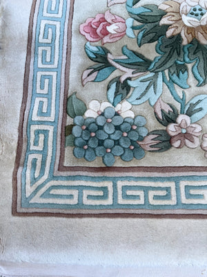 Hand-Knotted Chinese Peking Art Deco Era Wool Floral Area Rug With Greek Key Border Aqua Celadon Sage Green Dusty Rose Ivory & Brown 12' x 19' 4" Palace Size