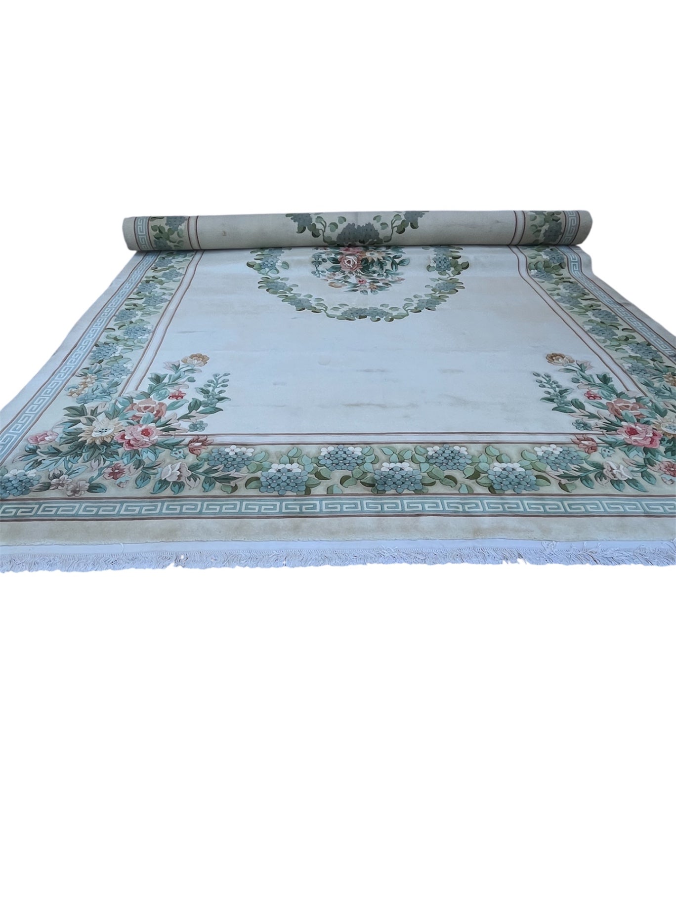 Hand-Knotted Chinese Peking Art Deco Era Wool Floral Area Rug With Greek Key Border Aqua Celadon Sage Green Dusty Rose Ivory & Brown 12' x 19' 4" Palace Size
