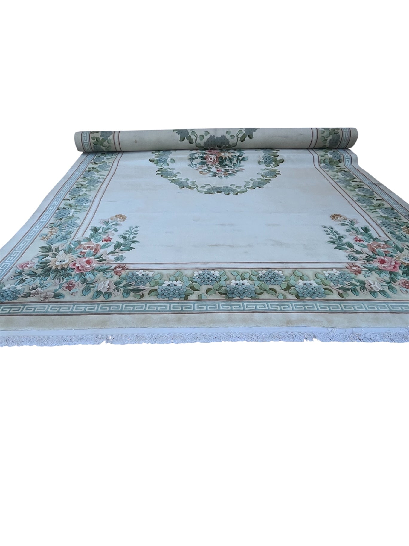 Hand-Knotted Chinese Peking Art Deco Era Wool Floral Area Rug With Greek Key Border Aqua Celadon Sage Green Dusty Rose Ivory & Brown 12' x 19' 4" Palace Size