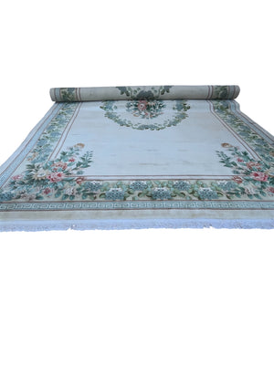 Hand-Knotted Chinese Peking Art Deco Era Wool Floral Area Rug With Greek Key Border Aqua Celadon Sage Green Dusty Rose Ivory & Brown 12' x 19' 4" Palace Size