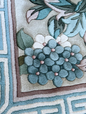 Hand-Knotted Chinese Peking Art Deco Era Wool Floral Area Rug With Greek Key Border Aqua Celadon Sage Green Dusty Rose Ivory & Brown 12' x 19' 4" Palace Size