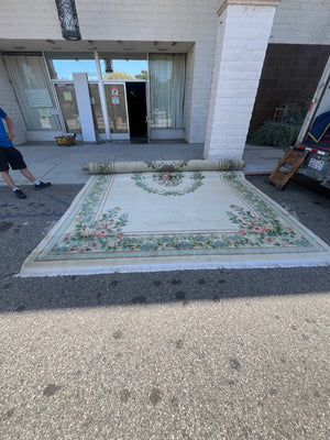 Hand-Knotted Chinese Peking Art Deco Era Wool Floral Area Rug With Greek Key Border Aqua Celadon Sage Green Dusty Rose Ivory & Brown 12' x 19' 4" Palace Size