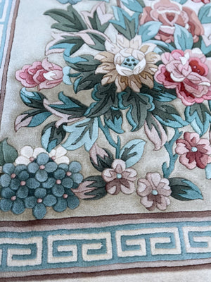 Hand-Knotted Chinese Peking Art Deco Era Wool Floral Area Rug With Greek Key Border Aqua Celadon Sage Green Dusty Rose Ivory & Brown 12' x 19' 4" Palace Size