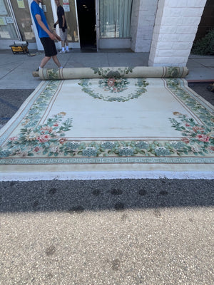 Hand-Knotted Chinese Peking Art Deco Era Wool Floral Area Rug With Greek Key Border Aqua Celadon Sage Green Dusty Rose Ivory & Brown 12' x 19' 4" Palace Size