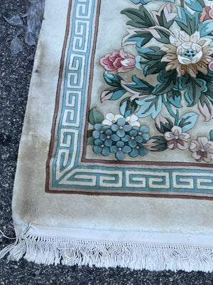 Hand-Knotted Chinese Peking Art Deco Era Wool Floral Area Rug With Greek Key Border Aqua Celadon Sage Green Dusty Rose Ivory & Brown 12' x 19' 4" Palace Size