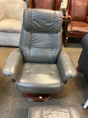 Benchmaster Gray Leather Recliner and Ottoman