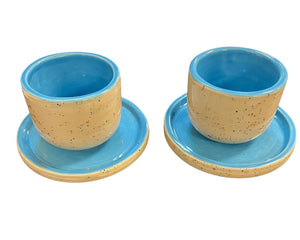 BEKAT Handmade Ceramic Espresso Cups & Saucers Turquoise &  Cream Confetti (Pair)