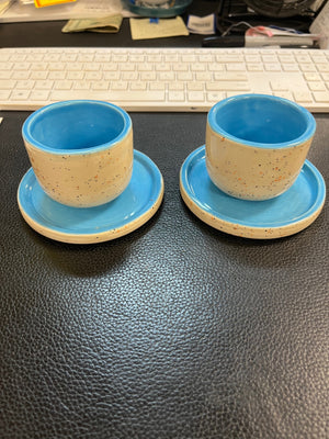 BEKAT Handmade Ceramic Espresso Cups & Saucers Turquoise &  Cream Confetti (Pair)