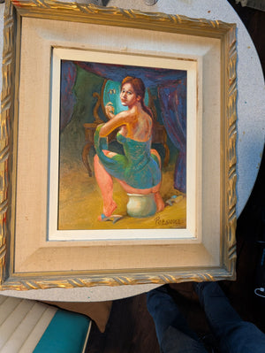 William Persona “Persona” Signed Mid-Century Impressionist Oil Painting of Woman at Vanity Looking in Mirror (Framed) 14x10